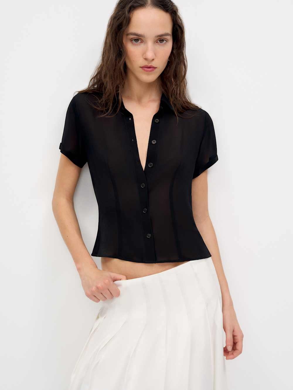Reformation Corin Black Short-Sleeve Button Front Blouse
